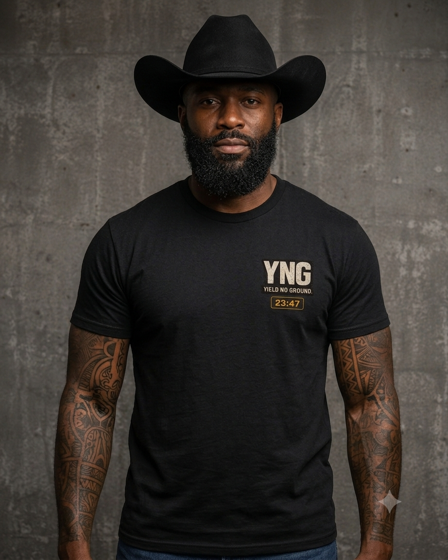 YNG Home From Work Tee in black, detail view