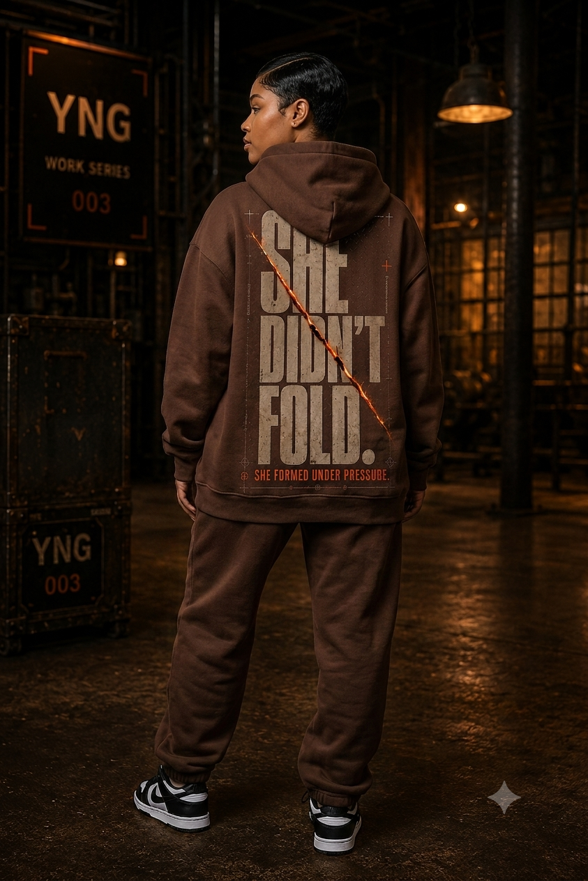 YNG She Didn't Fold Pullover Hoodie in brown, front view