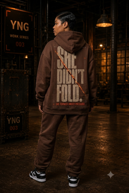 YNG She Didn't Fold Pullover Hoodie in brown, front view