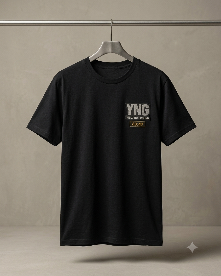 YNG Home From Work Tee in black, styled lifestyle photo