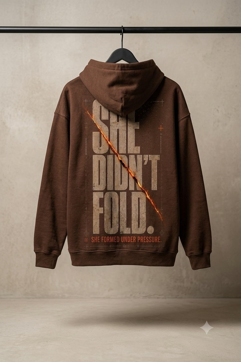 YNG She Didn't Fold Pullover Hoodie in brown, detail view