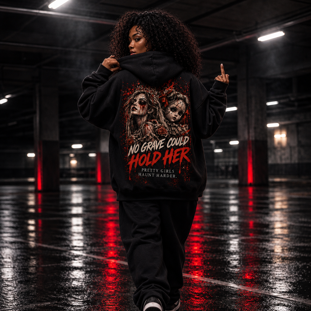 Grave Proof women's black Halloween graphic hoodie by YNG, No Grave Could Hold Her — product view 1
