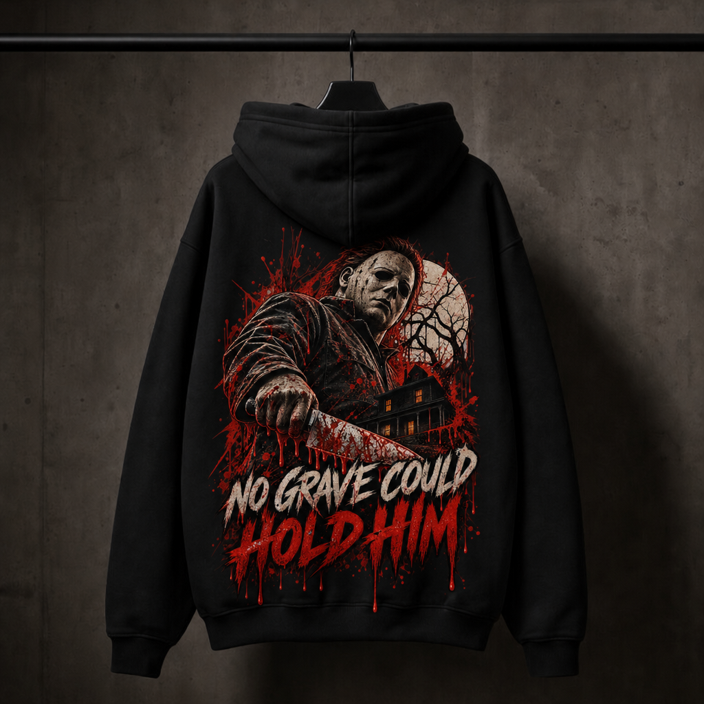Buried Wrong black Halloween graphic hoodie by YNG, No Grave Could Hold Him — product view 3
