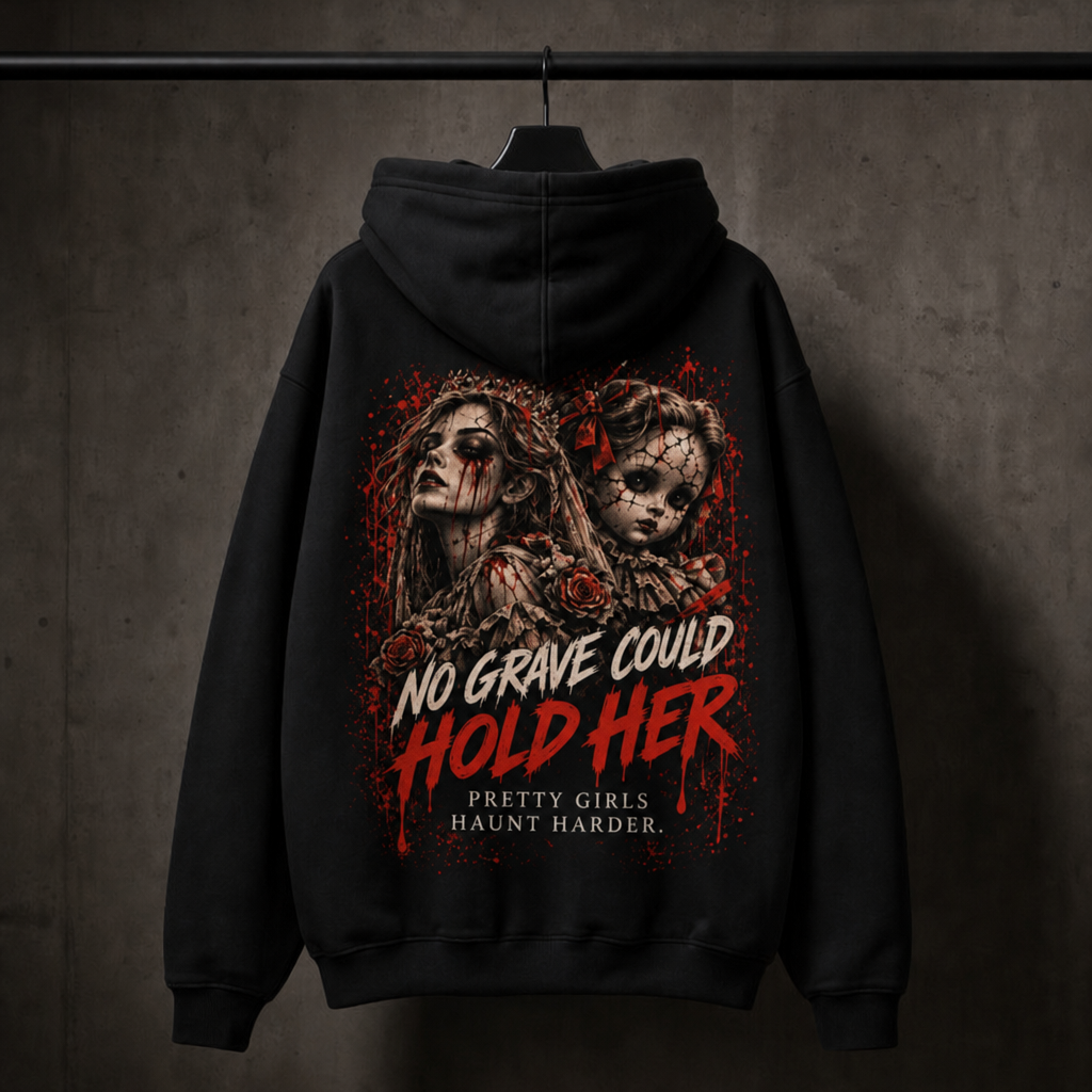 Grave Proof women's black Halloween graphic hoodie by YNG, No Grave Could Hold Her — product view 3