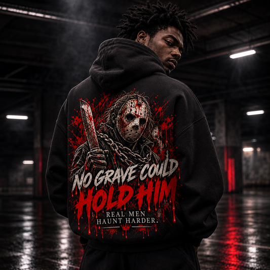 Haunt Harder men's black Halloween graphic hoodie by YNG, Real Men Haunt Harder — product view 1