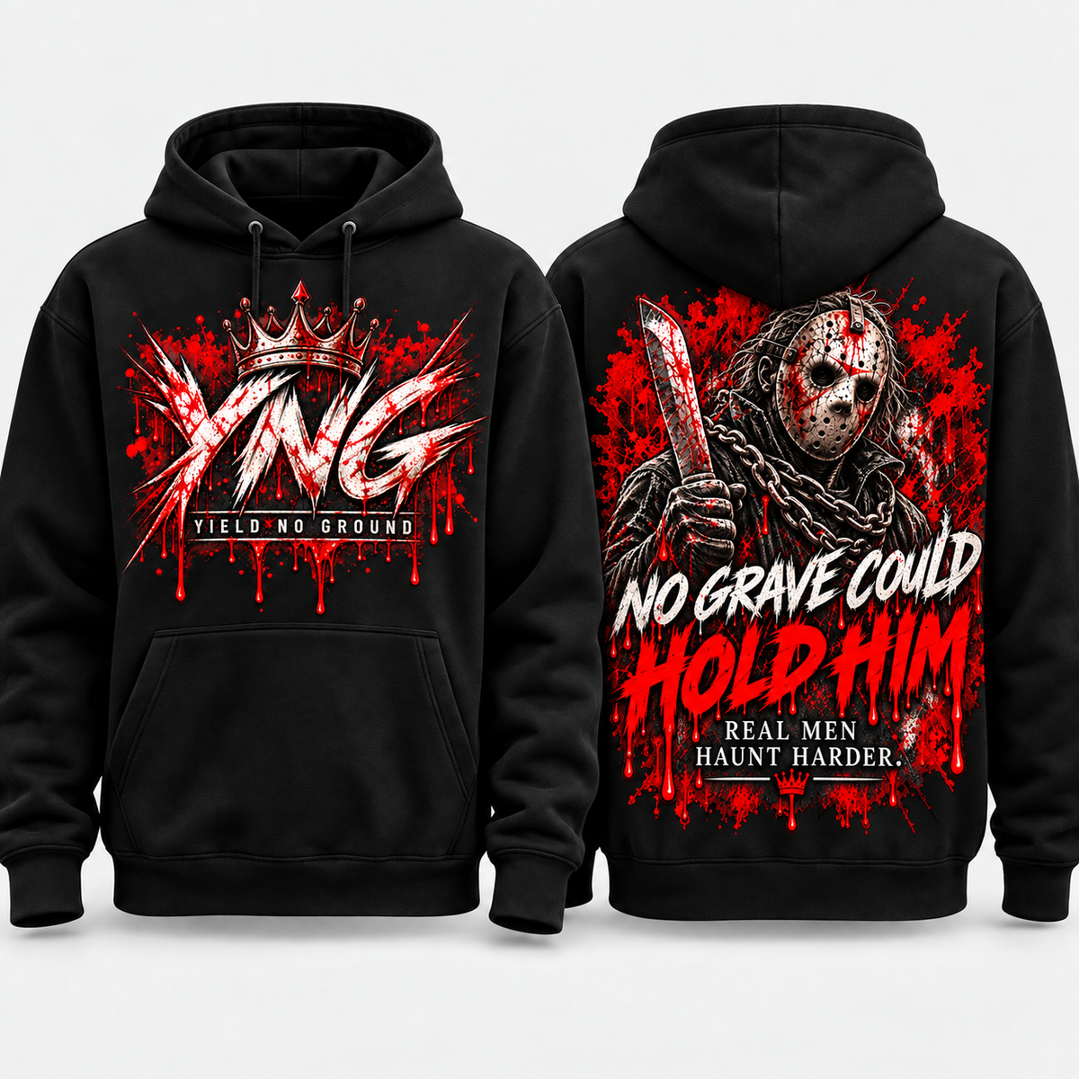 Haunt Harder men's black Halloween graphic hoodie by YNG, Real Men Haunt Harder — product view 5