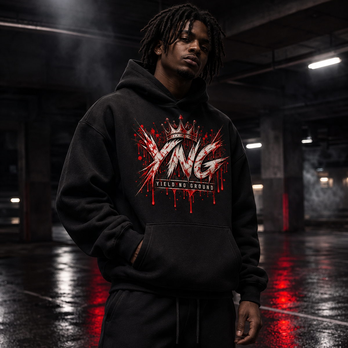 Haunt Harder men's black Halloween graphic hoodie by YNG, Real Men Haunt Harder — product view 2