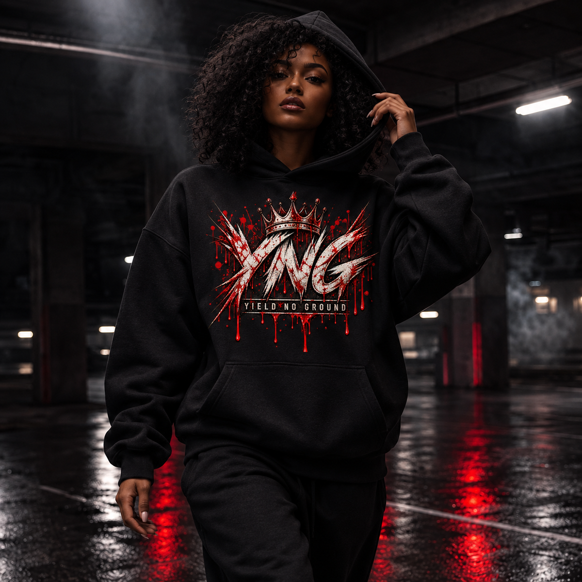 Grave Proof women's black Halloween graphic hoodie by YNG, No Grave Could Hold Her — product view 2