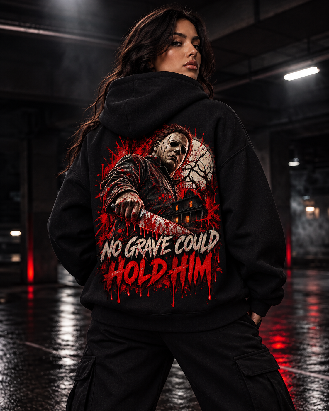 Buried Wrong black Halloween graphic hoodie by YNG, No Grave Could Hold Him — product view 1