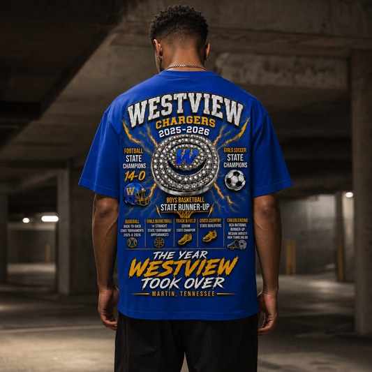 Westview Chargers What A Year blue graphic tee by Yield No Ground — product view 1