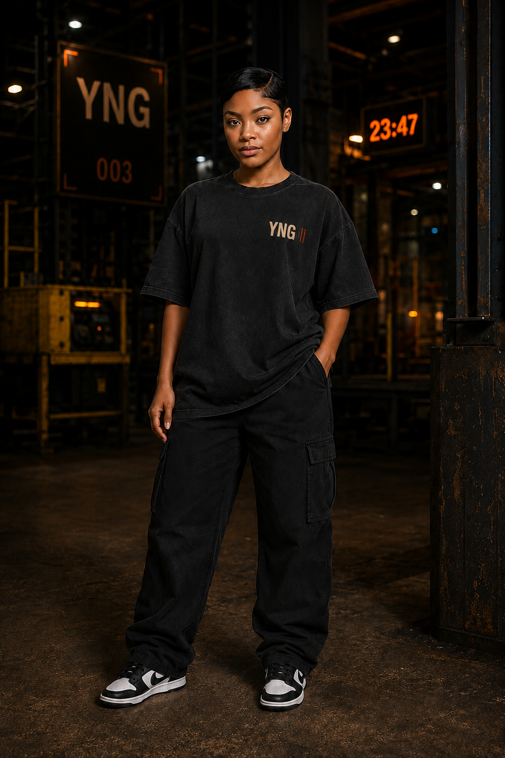 YNG She Didn't Fold Graphic Tee in black, back view with She Didn't Fold graphic print