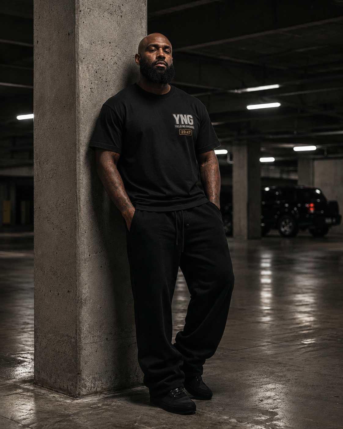 YNG Home From Work Tee in black, detail view