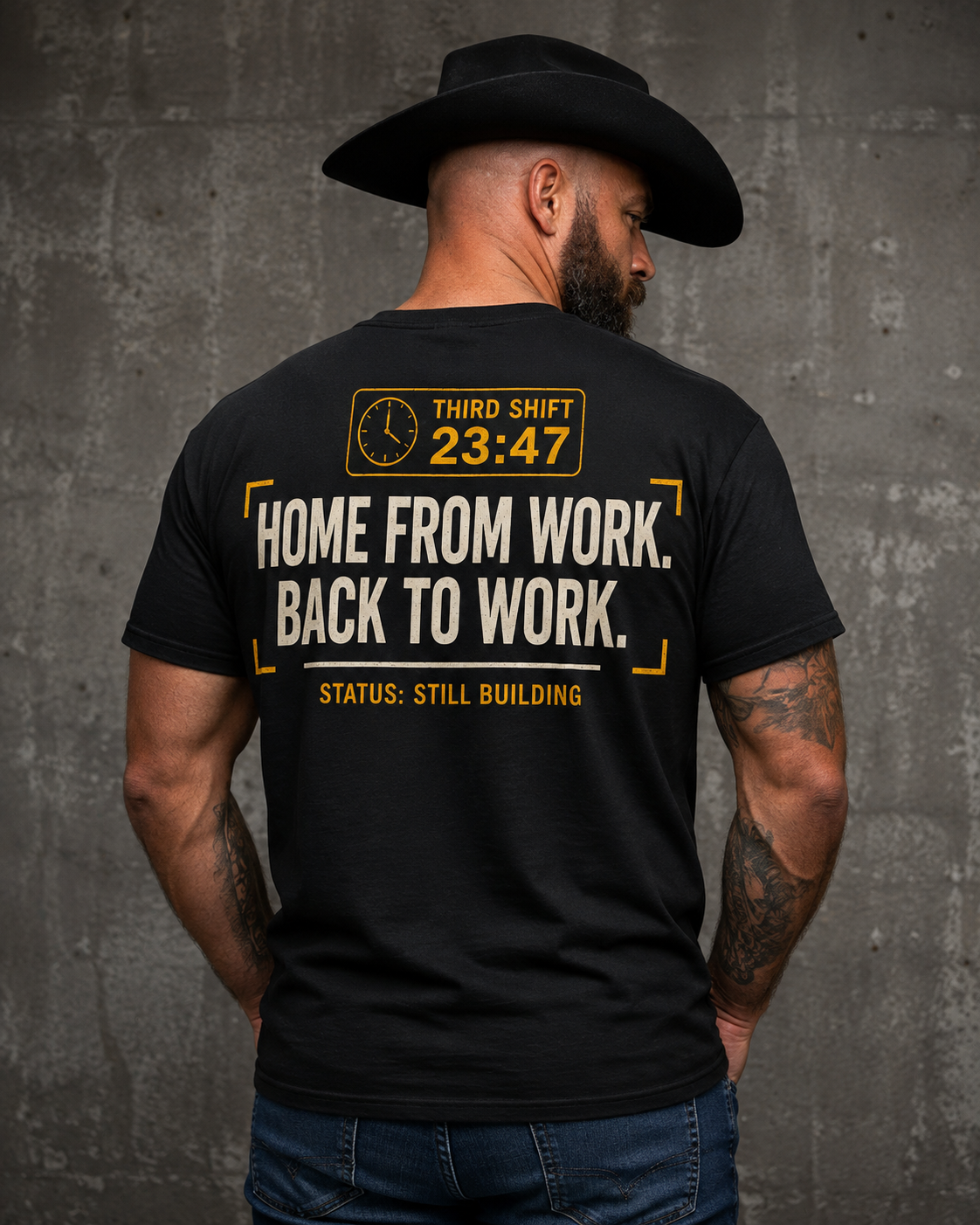 YNG Home From Work Tee in black, detail view