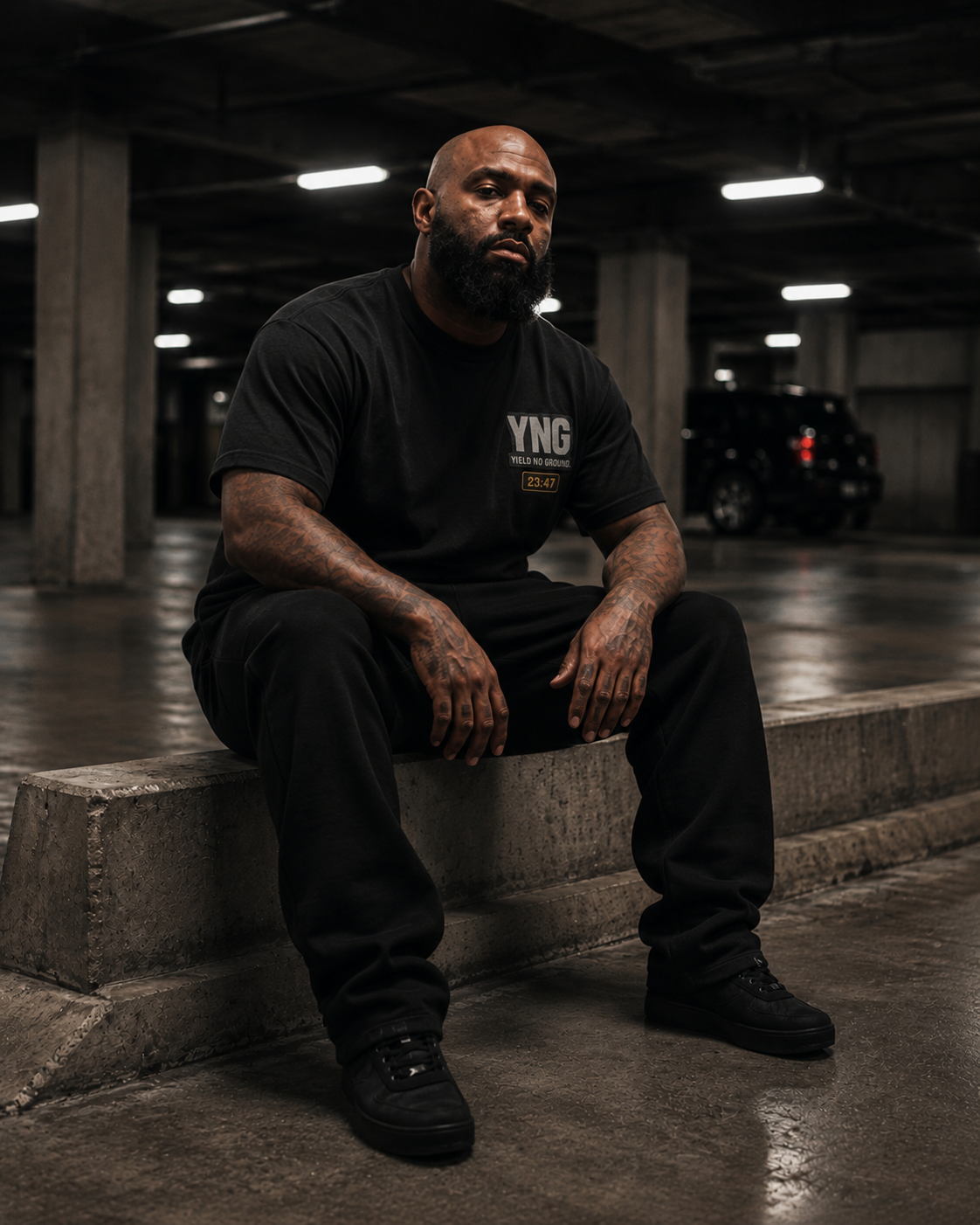 YNG Home From Work Tee in black, back view with Home From Work Back To Work graphic print