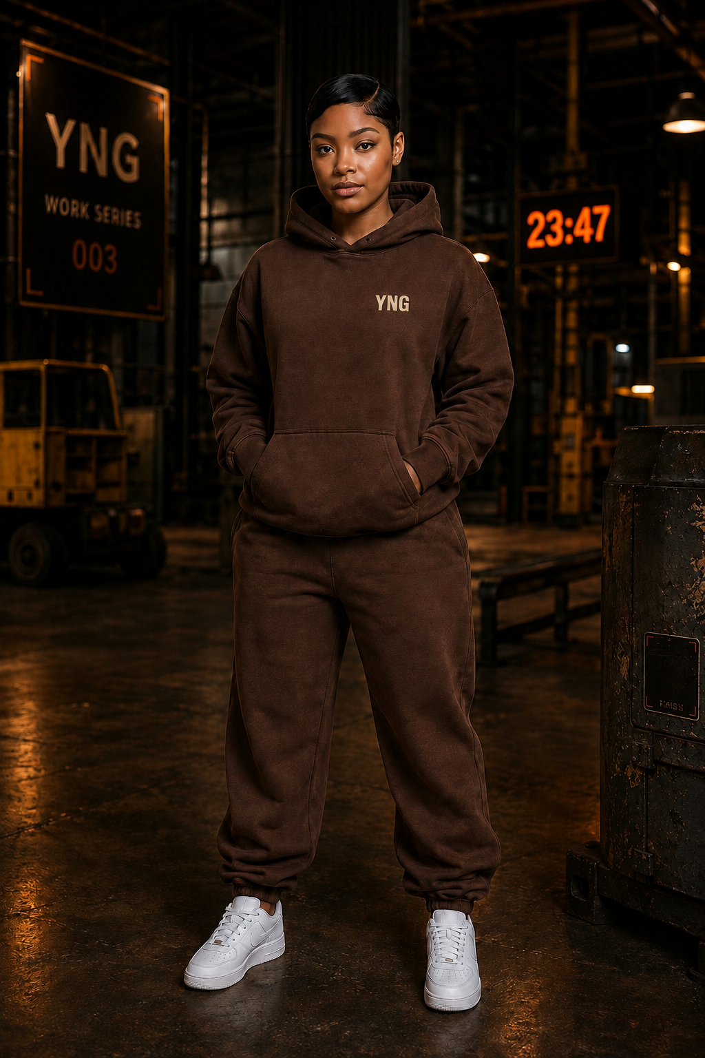 YNG She Didn't Fold Pullover Hoodie in brown, back view with graphic print