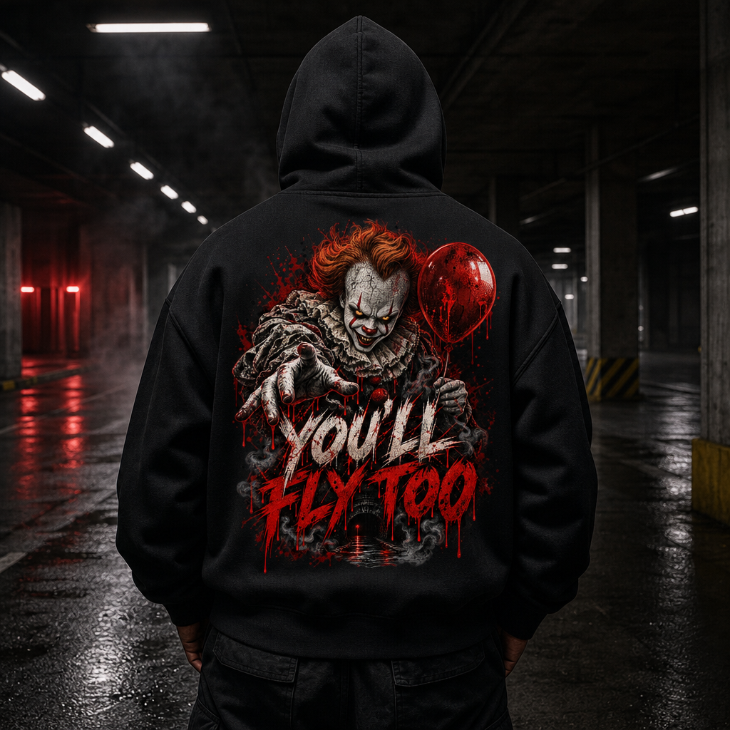 Dead Air black Halloween graphic hoodie by YNG, You'll Fly Too — product view 1