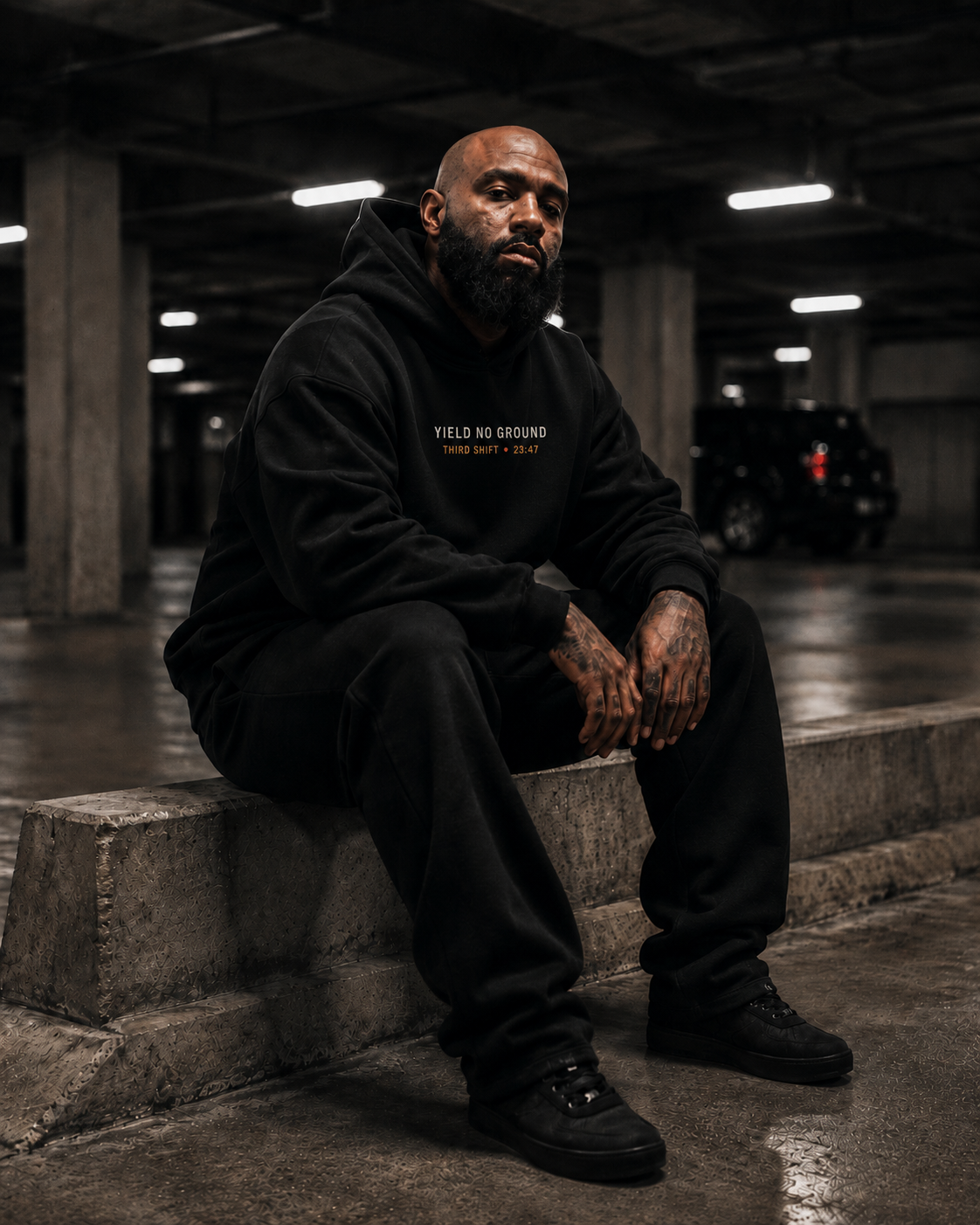 YNG Third Shift Hoodie in black, back view with Third Shift 23:47 graphic print